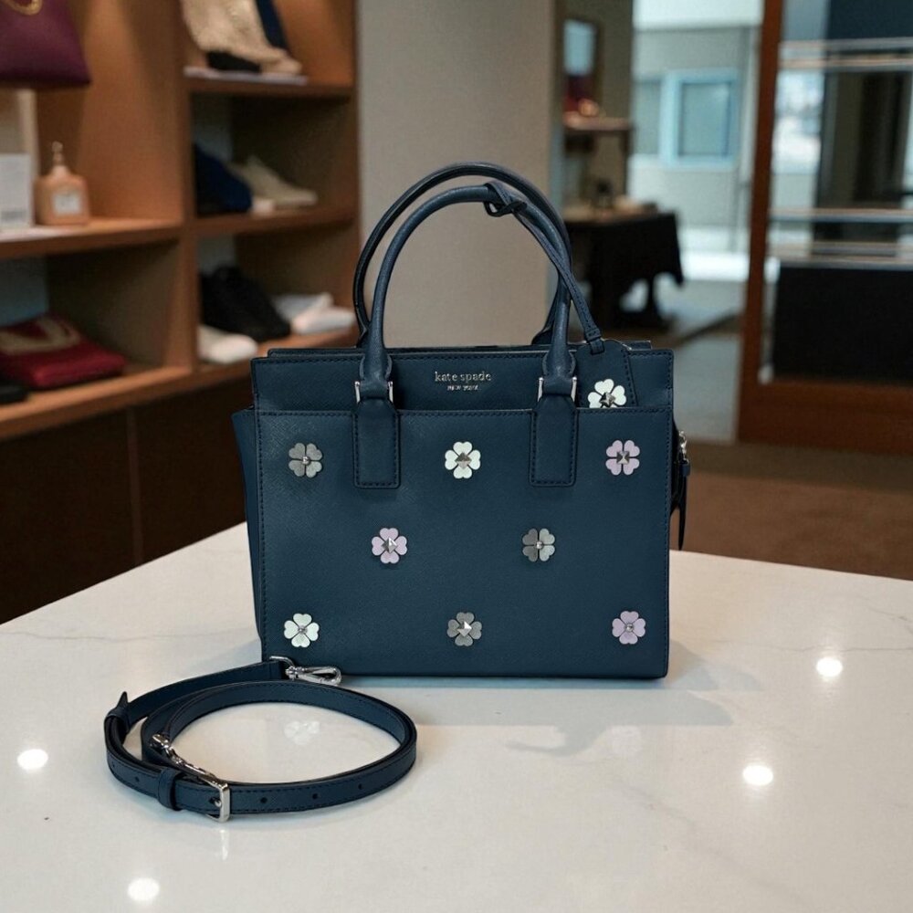 Kate Spade Cameron Flower Navy Medium Satchel with Crossbody strap - Picture 2 of 16